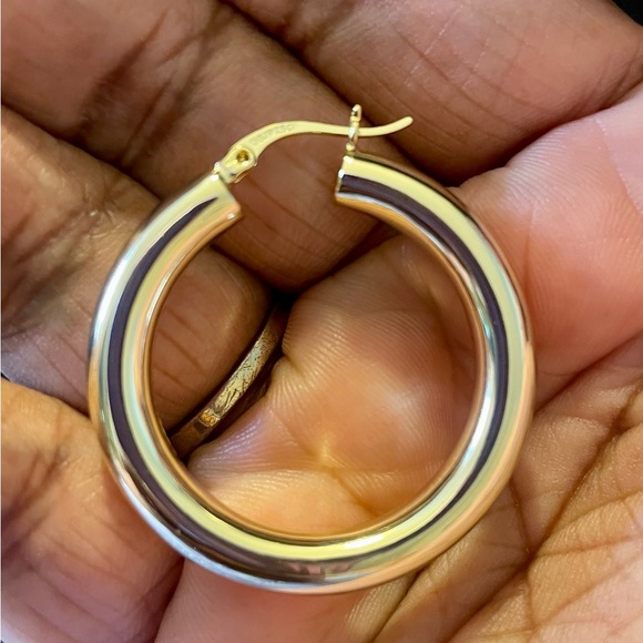 HSN Bellezza Bronze Gold tone Polish Tube Click Top Gold Hoop Earrings. 925 post - Picture 5 of 7